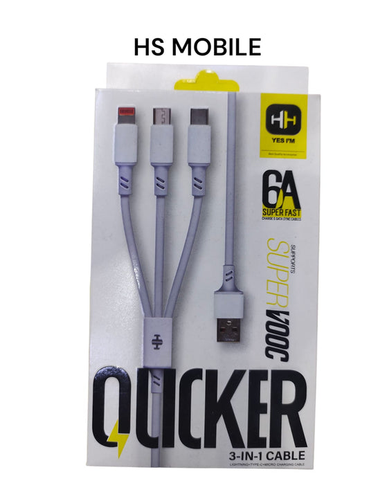 3 In 1 Super Fast Charging Cable, Type C ,Micro And iPhone Lightning (All in One)