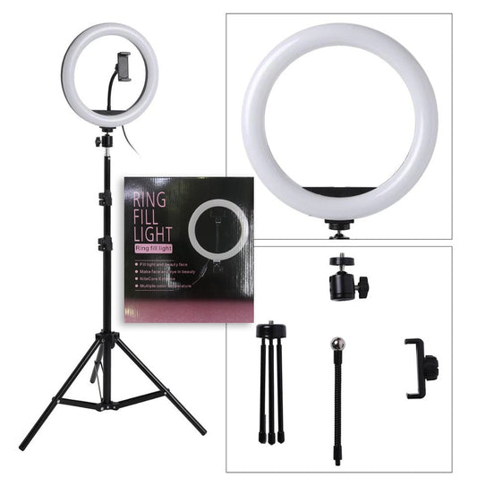 26cm LED Ring Fill Light with 2M Tripod Stand & Mobile Phone Holder – 3 Color Modes (Daylight, Cool White, Warm White) – Adjustable Brightness for YouTube, TikTok, Makeup, Photography & Live Streaming