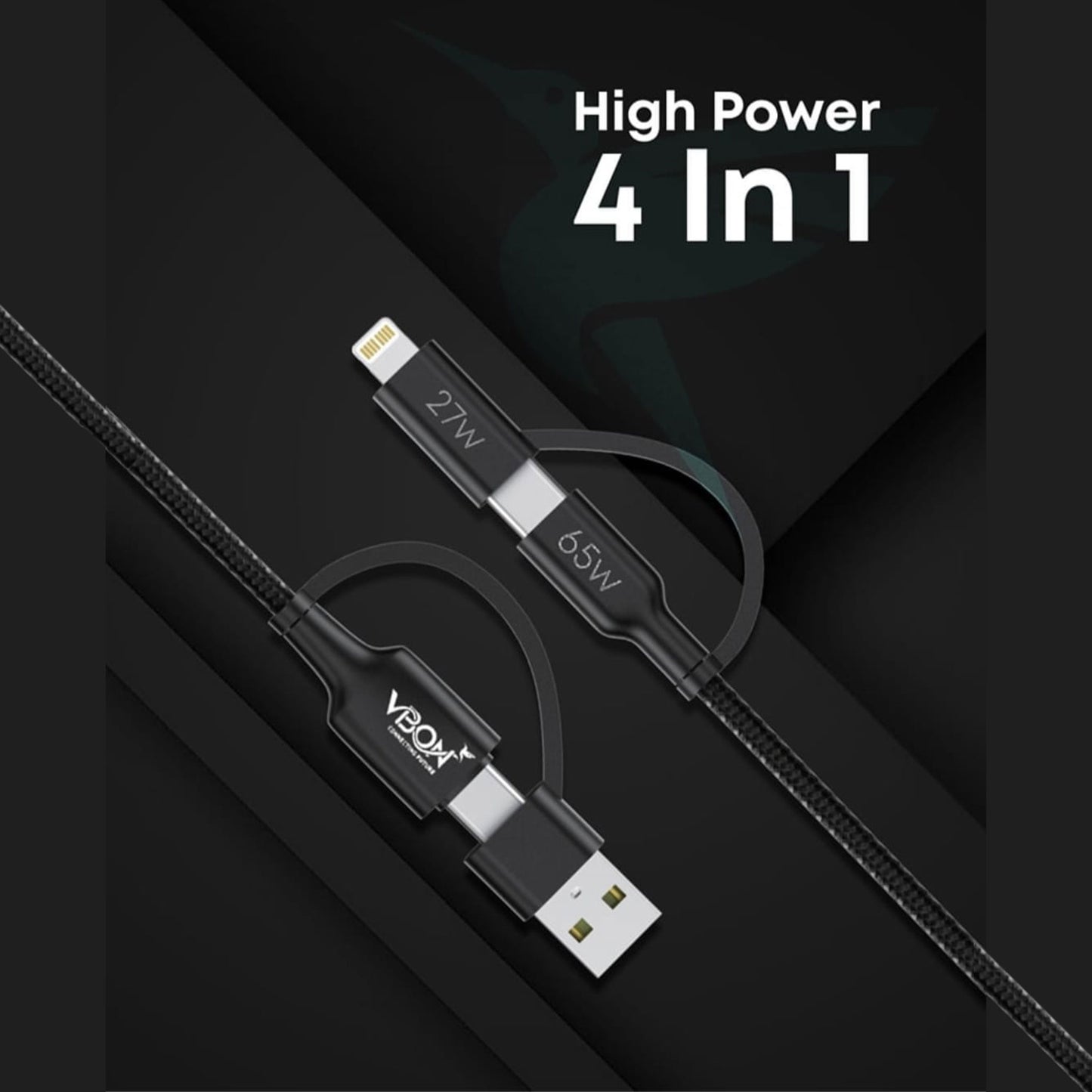 VBON 4-in-1 All-in-One Fast Charging Data Cable | Type-C to Type-C & Lightning | 65W PD Fast Charge | iPhone, Android & iPad Compatible