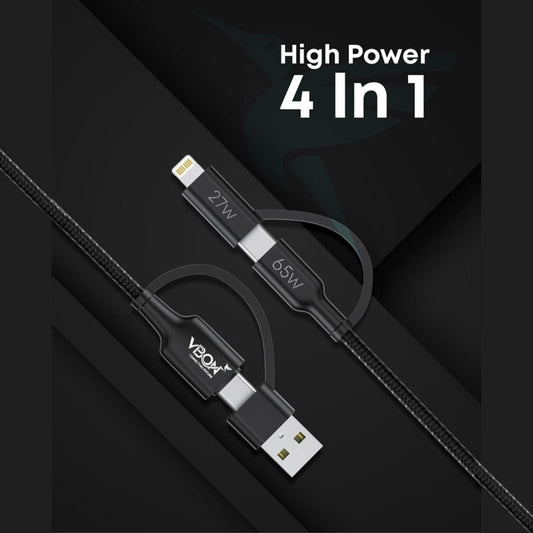 VBON 4-in-1 All-in-One Fast Charging Data Cable | Type-C to Type-C & Lightning | 65W PD Fast Charge | iPhone, Android & iPad Compatible