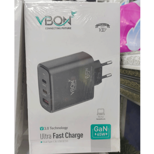 65W GaN Ultra Fast USB-C PD Charger – Dual USB-C + USB-A Ports, Fast Charging Adapter for Smartphones & Tablets