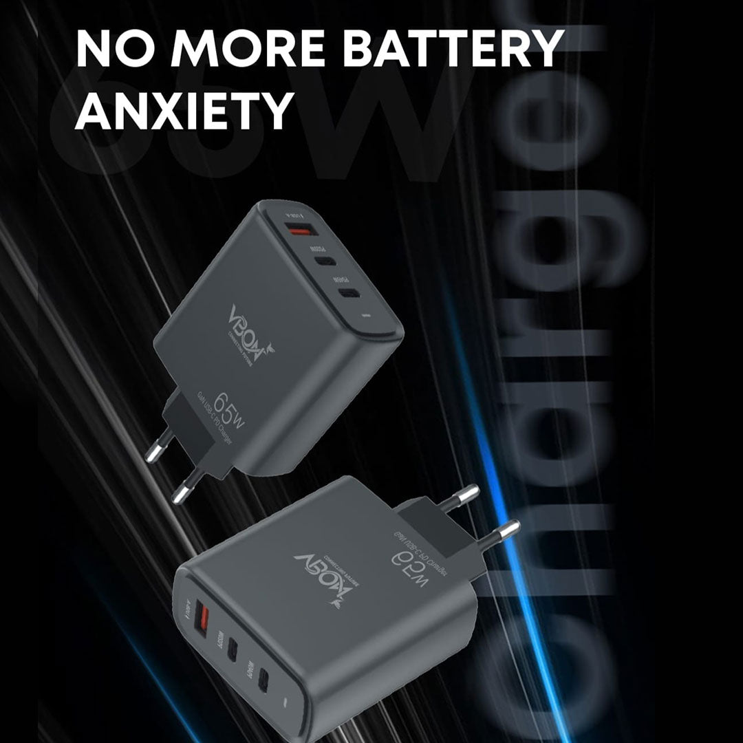 65W GaN Ultra Fast USB-C PD Charger – Dual USB-C + USB-A Ports, Fast Charging Adapter for Smartphones & Tablets