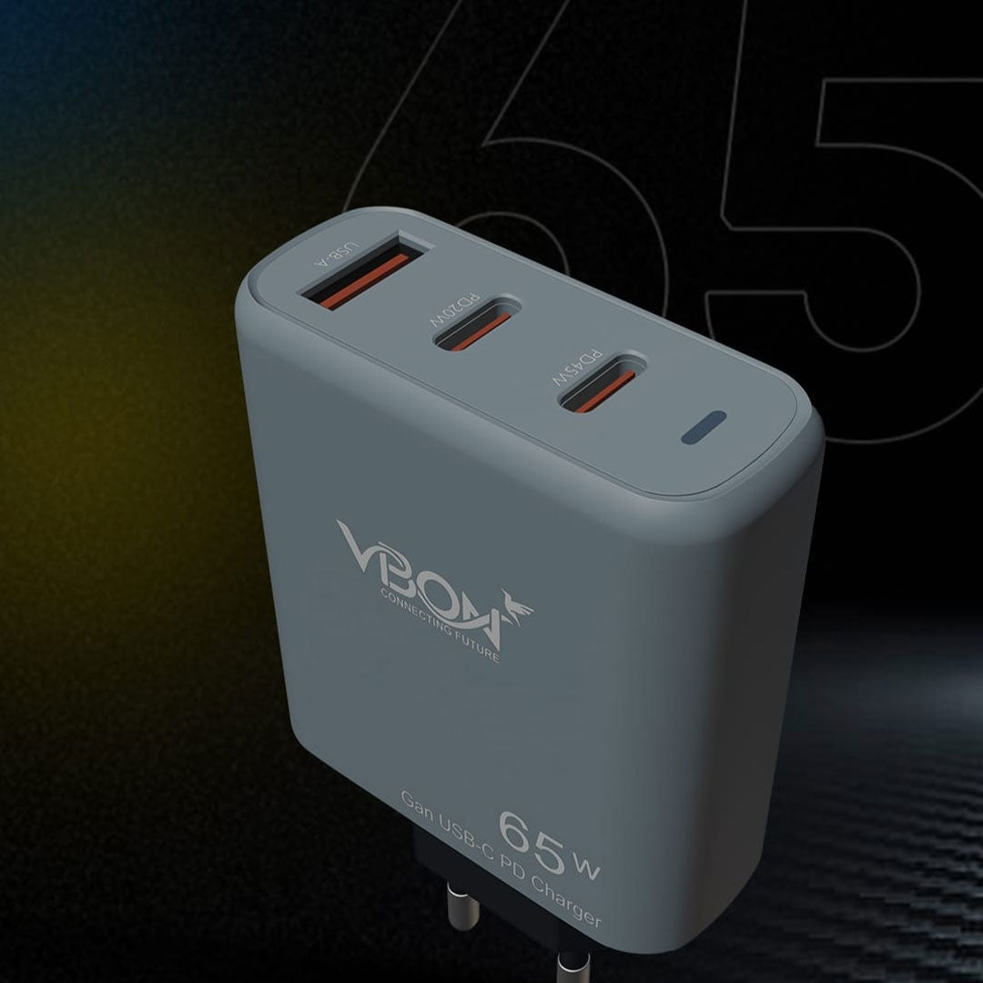 65W GaN Ultra Fast USB-C PD Charger – Dual USB-C + USB-A Ports, Fast Charging Adapter for Smartphones & Tablets