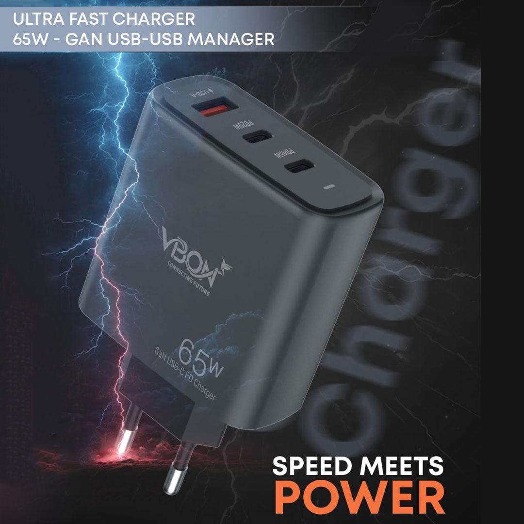 65W GaN Ultra Fast USB-C PD Charger – Dual USB-C + USB-A Ports, Fast Charging Adapter for Smartphones & Tablets