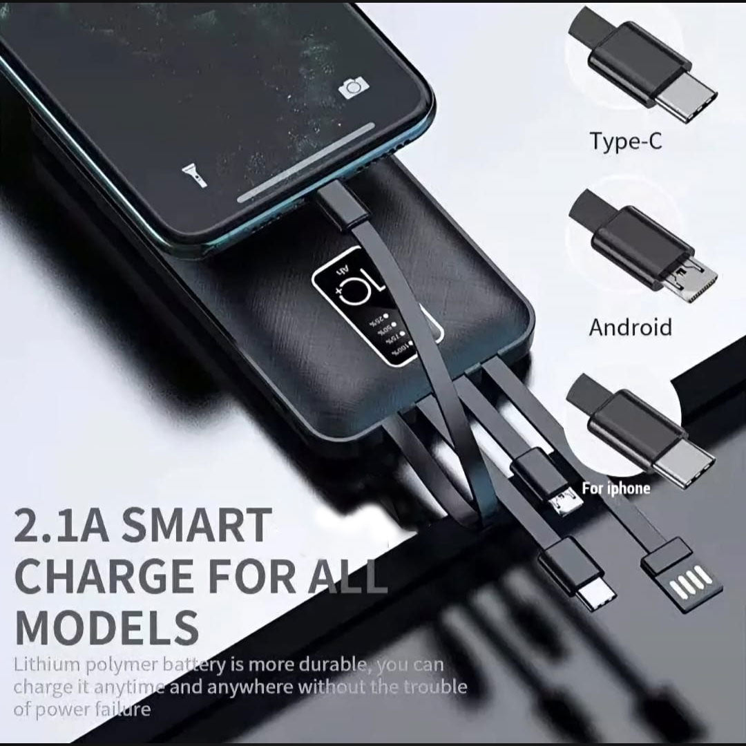 2.1A Smart Power Bank with Built-in Cables – Type-C, Micro USB & iPhone Fast Charging