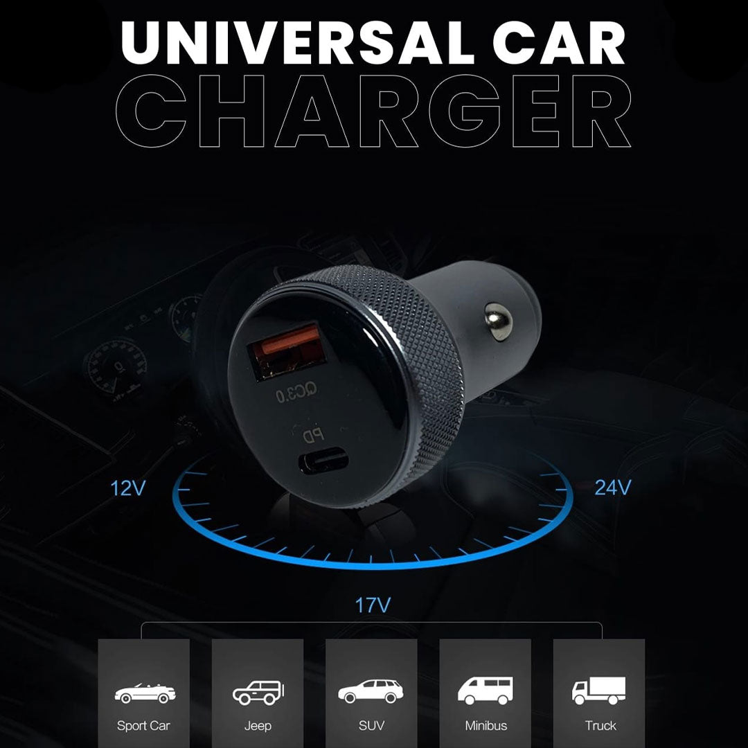 Universal Car Charger PD & QC Fast Charging – 12V–24V USB-C & USB-A Car Adapter for iPhone, Samsung & Android