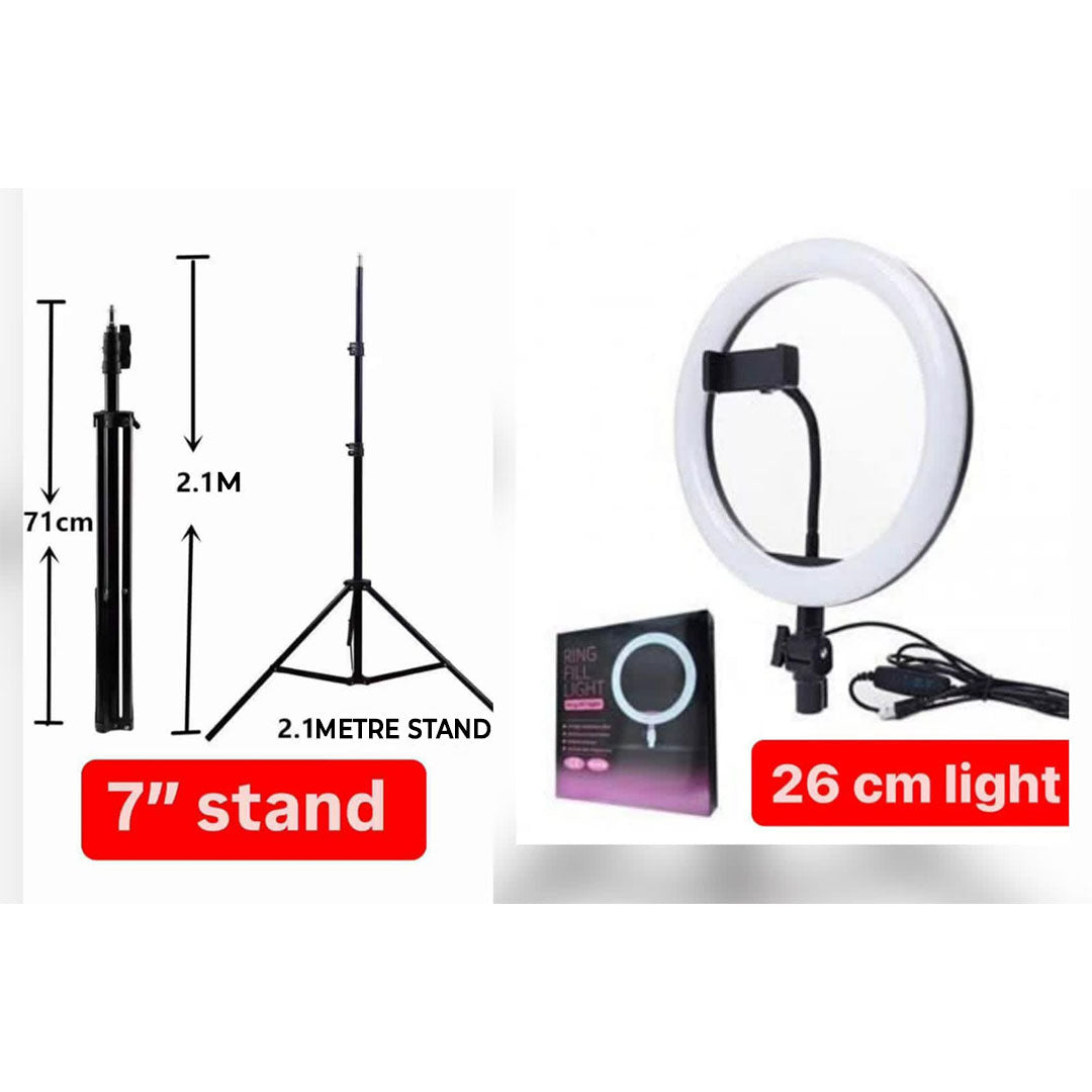 26cm LED Ring Fill Light with 2M Tripod Stand & Mobile Phone Holder – 3 Color Modes (Daylight, Cool White, Warm White) – Adjustable Brightness for YouTube, TikTok, Makeup, Photography & Live Streaming