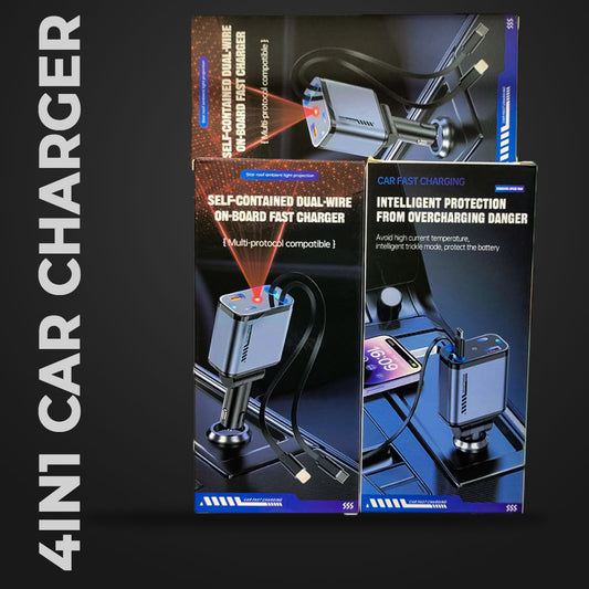 Starry Sky 4-in-1 Car Charger with Retractable Cables – Fast Charging USB & Type-C Car Phone Charger with Ambient LED Light